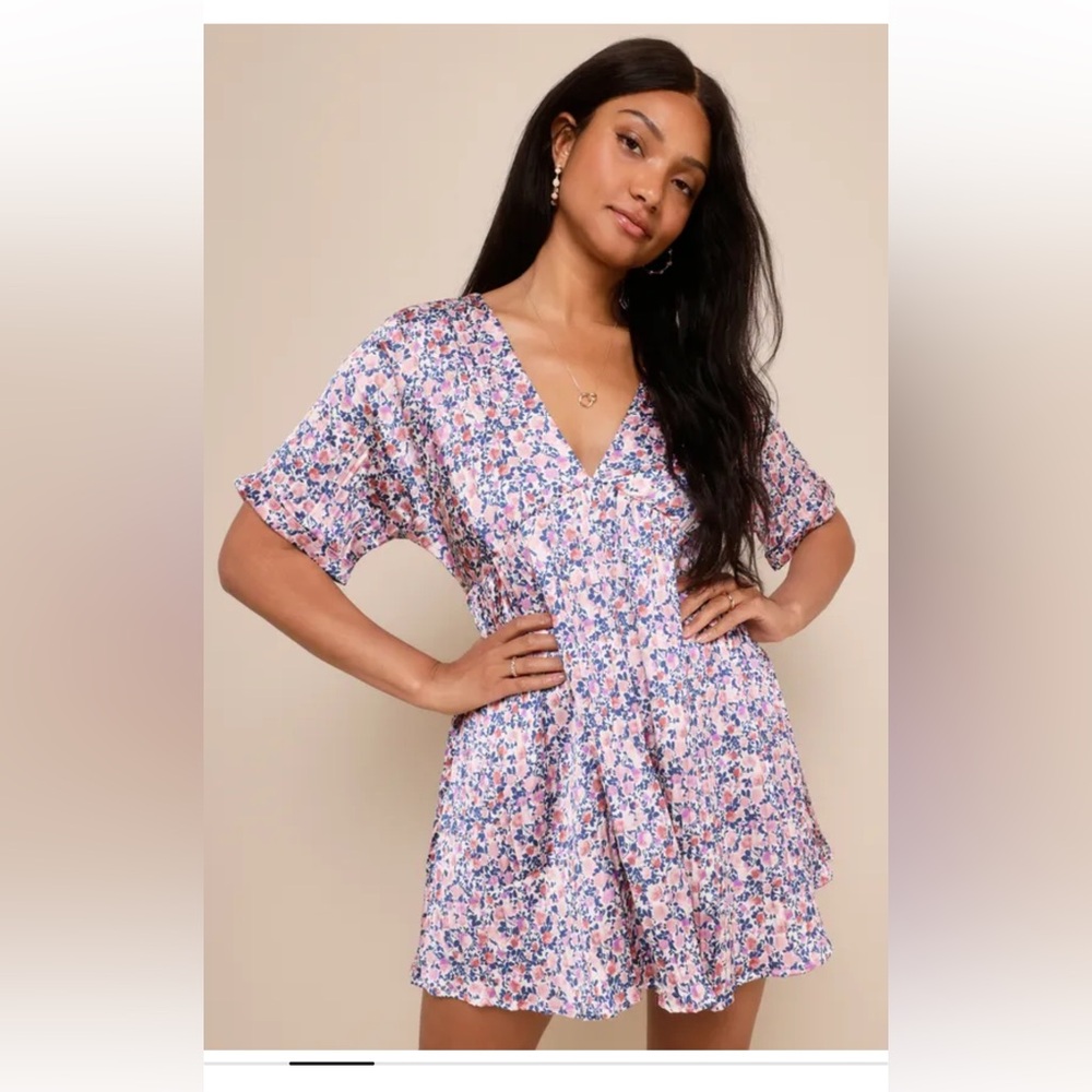 Lulu’s Express Yourself Blush Pink Floral Print Satin Babydoll Dress. Size Small - Picture 5 of 14